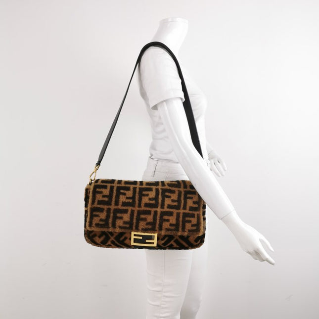 Fendi Baguette Large Shearling Vitello Dolce Marco FF 1974 Tobacco Black Brown Zucca