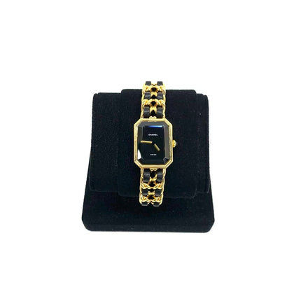 CHANEL Vintage PREMIERE Watch Small Black Leather and 24KT Yellow Gold Plated-Luxbags