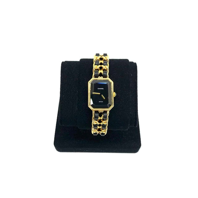 CHANEL Vintage PREMIERE Watch Small Black Leather and 24KT Yellow Gold Plated-Luxbags