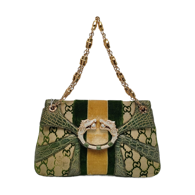 Gucci Jeweled Dragon Bag Green Crocodile and GG Velvet Bamboo Chain Strap Shoulder Bag-Luxbags