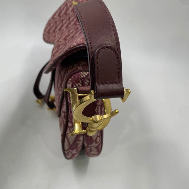 Dior Vintage Double Saddle Burgundy Oblique Monogram Canvas Gold Hardware