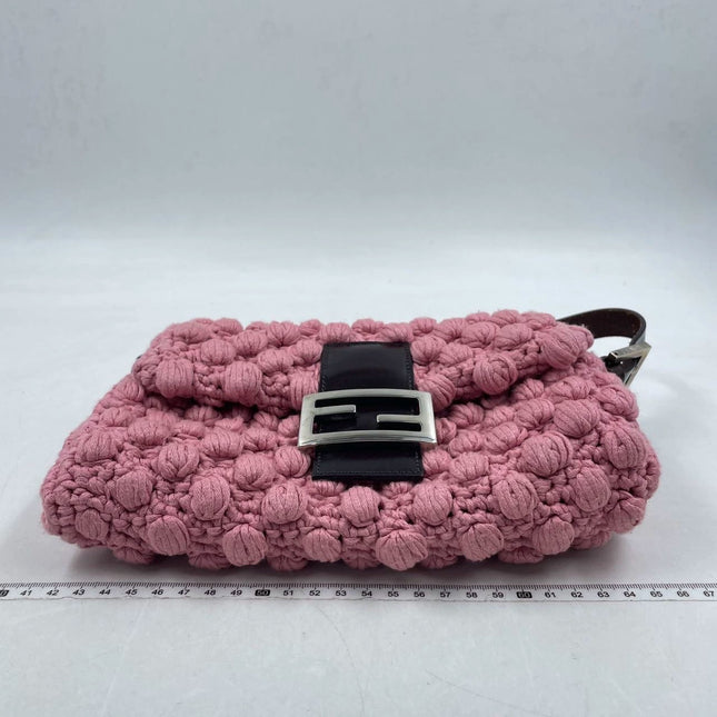 Sold Fendi Baguette Bag Pink Crochet Knit Wool Pompom Shoulder Bag