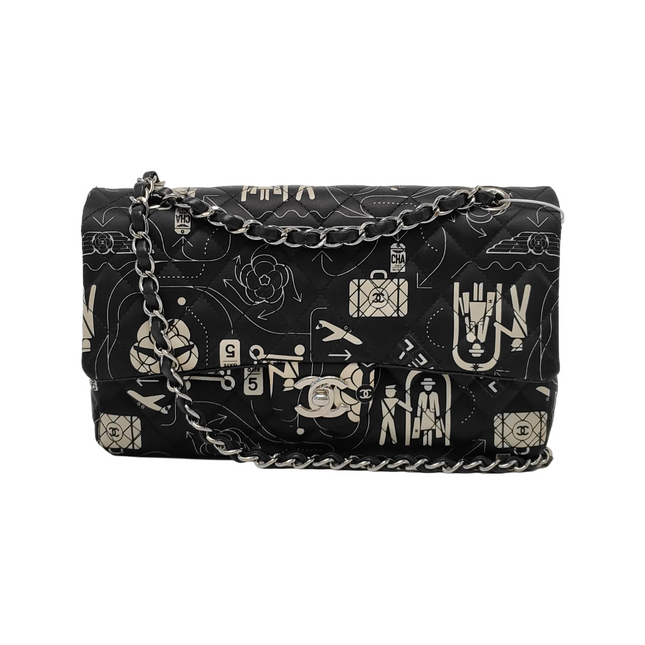 Chanel Satin Airline Printed Medium Double Flap Bag Black and White