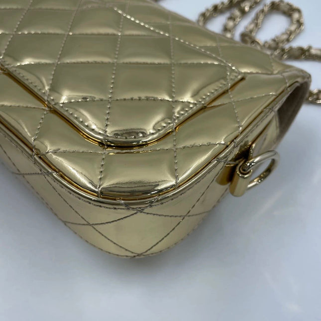 Chanel Classic Flap Mini Square Star Purse Gold Patent Calfskin Leather Mirror Glaze