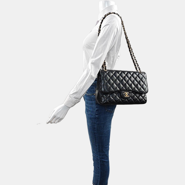 Chanel Classic Flap Jumbo 2012 Black Caviar Leather Double Flap Gold Hardware
