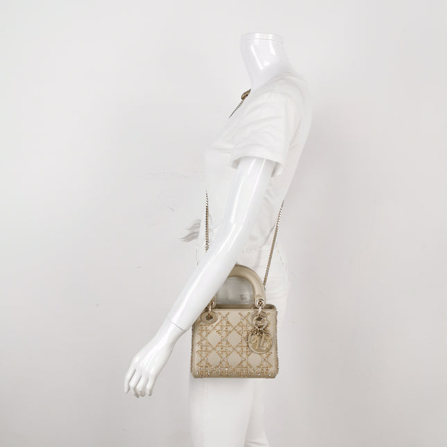 Lady Dior Mini Gold Calfskin Leather with Crystals Gold Hardware 2020