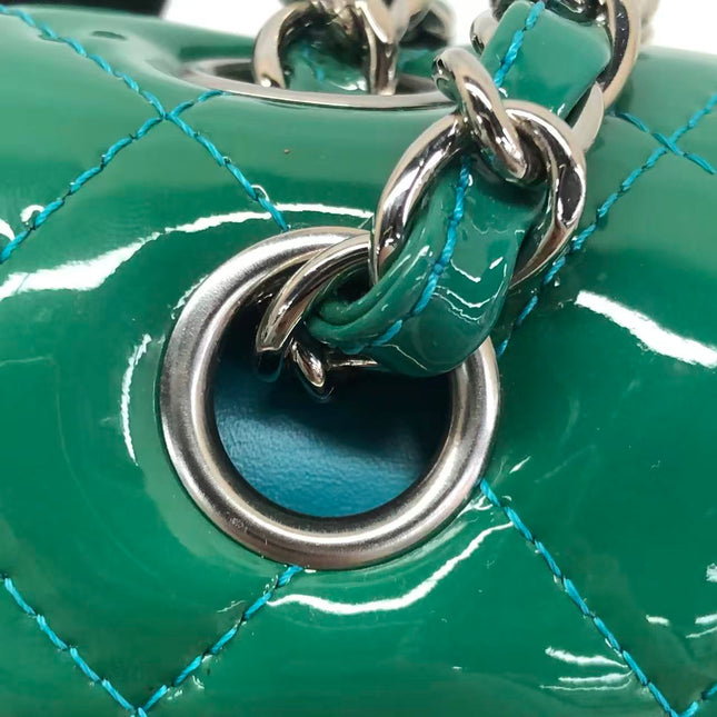 Chanel Classic Flap Medium Teal Blue Green Patent Leather Silver Hardware 2014-15
