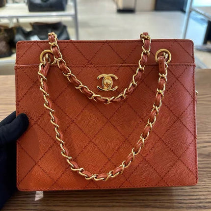 Chanel Vintage Small Matelasse Orange Caviar Leather Top Handle Bag