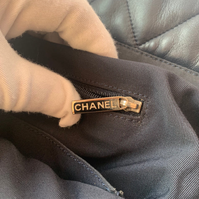 Chanel CC Shopping Tote Medium Cannage Lambskin Leather Navy with White Stripes
