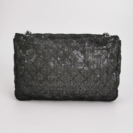 Chanel Black Mesh and Sequins Jumbo Maxi Classic Flap Silver Hardware 2008