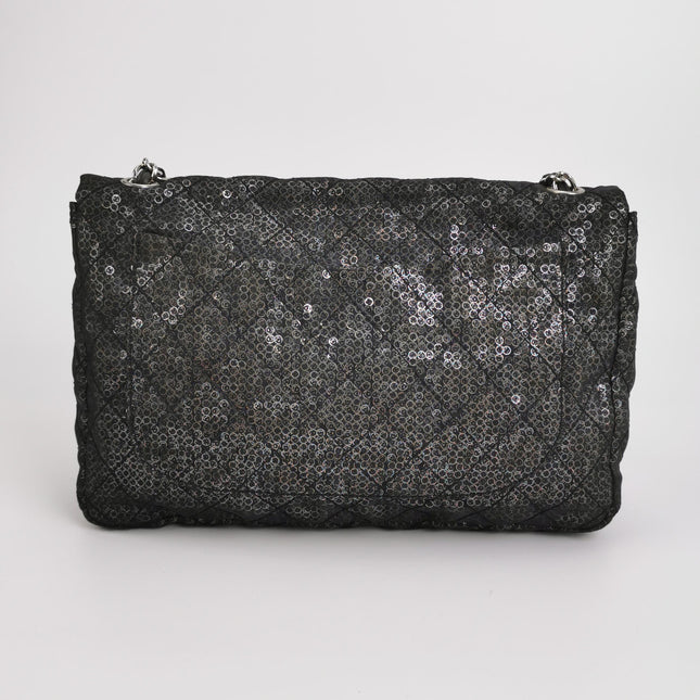 Chanel Black Mesh and Sequins Jumbo Maxi Classic Flap Silver Hardware 2008