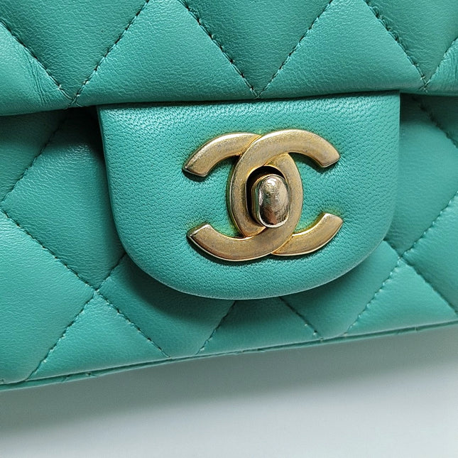 Chanel Classic Flap Mini 2018 Turquoise Blue Green Lambskin Leather Gold Hardware