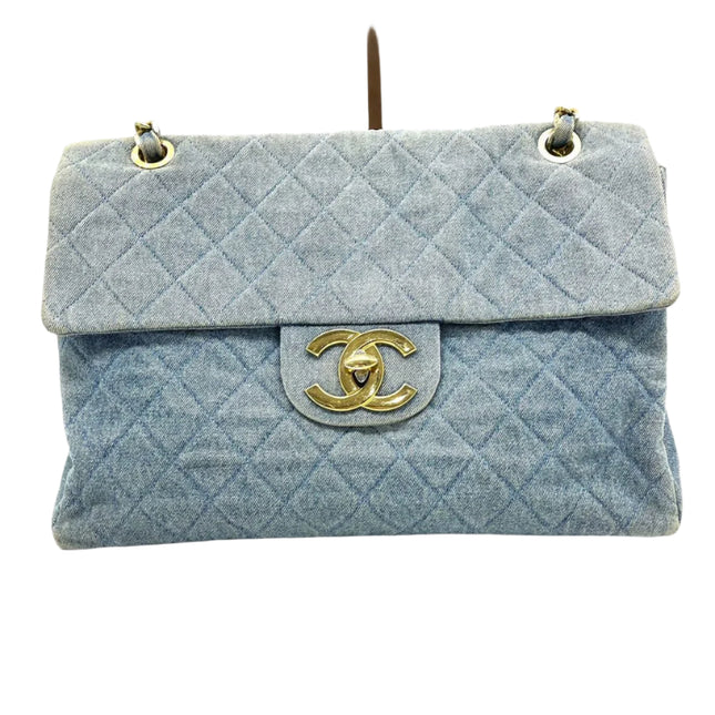 Chanel Vintage Classic Maxi 34 Flap Blue Jeans Denim Giant CC 24 Gold Hardware-Luxbags