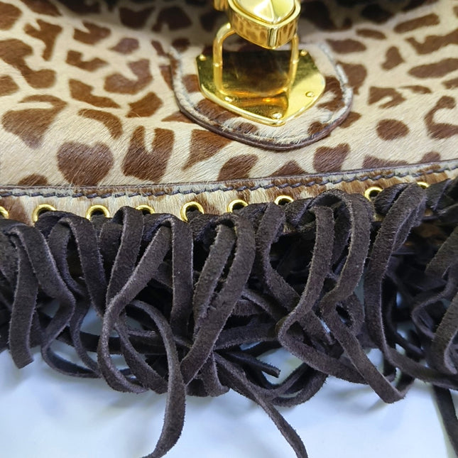 Prada Messenger Leopard Print Pony-style Calfskin Fringe Trimmed Shoulder Bag