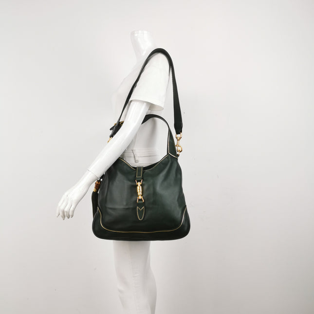 Gucci Jackie Soft Medium Green Leather Shoulder Bag With Strap