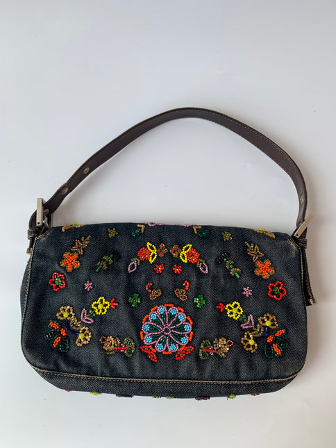 Sold FENDI Baguette Blue Denim with beaded Flower Embroidery
