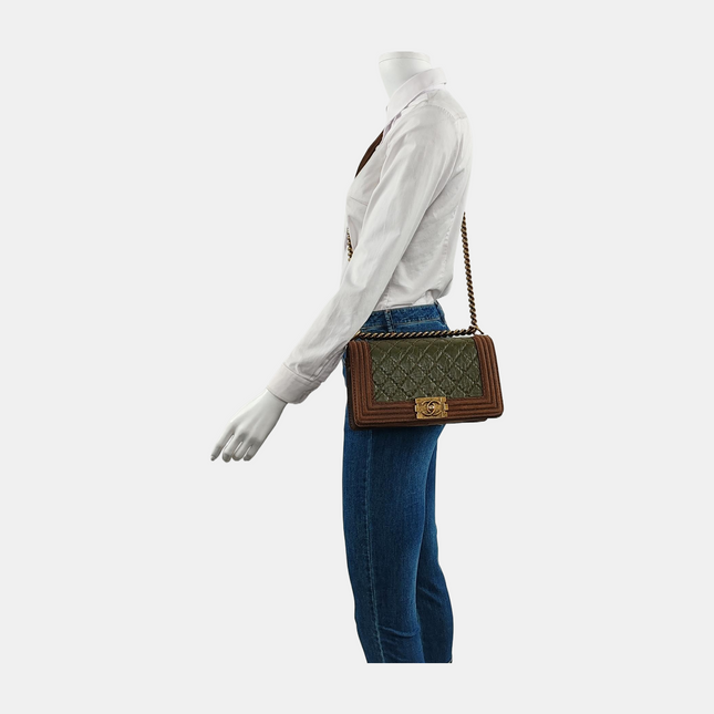 Chanel Le Boy Medium Dark Green Calfskin Brown Suede Leather Bag Gold Hardware