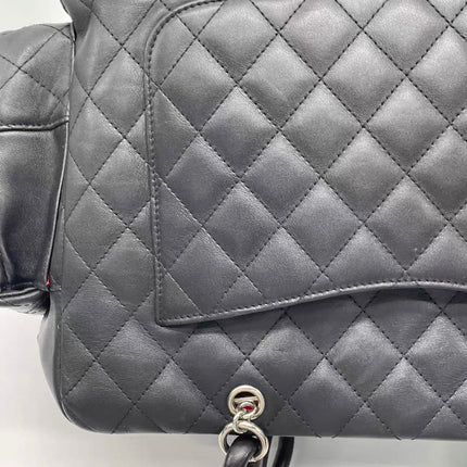 Chanel Cambon Multi-pocket Ligne Reporter Bag Large Black Calfskin Leather White Logo