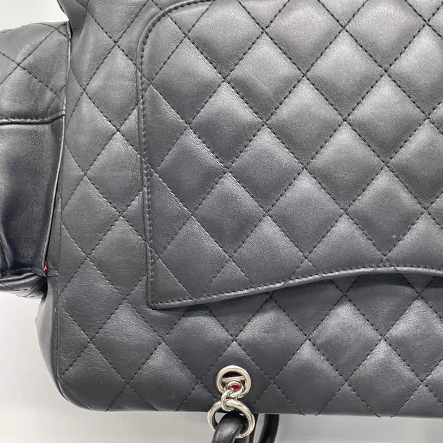 Chanel Cambon Multi-pocket Ligne Reporter Bag Large Black Calfskin Leather White Logo