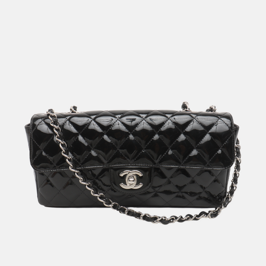 Chanel Baguette Flap Shoulder Bag Black Patent Leather Silver Double Chain-Luxbags