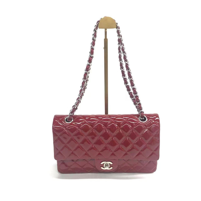 Chanel Classic Flap Medium 2012 Red Burgundy Patent Leather Silver Hardware-Luxbags