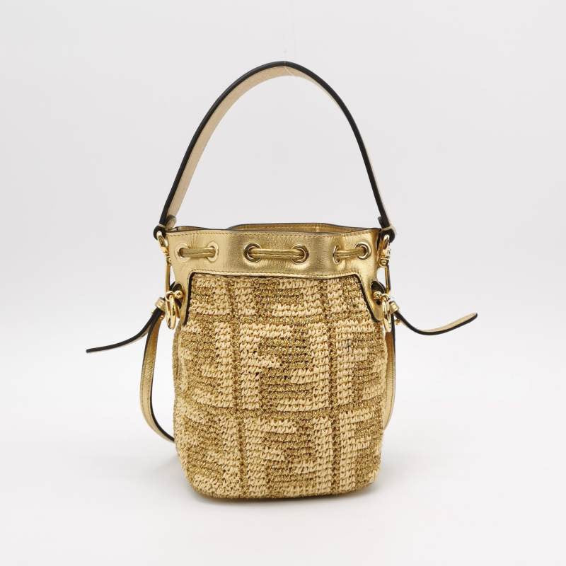 Fendi Mon Tresor Mini Bucket Bag Gold Raffia Thread and Leather Crossb