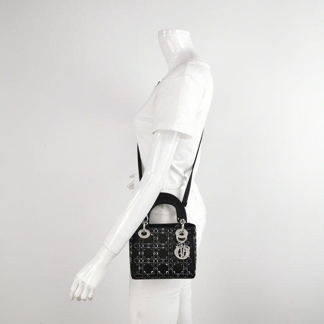 Lady Dior Mini Black Silk with Crystals Silver Hardware