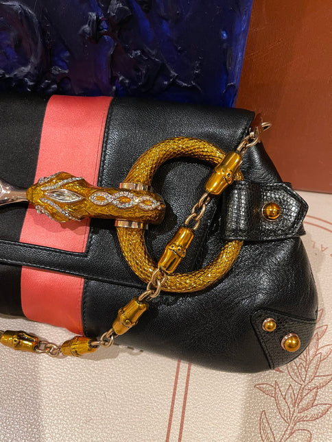 Gucci Horsebit 1955 Large Black Leather Embellished Snake Head Buckle