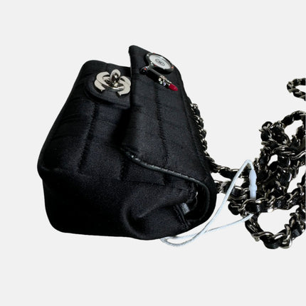 Chanel Extra Mini Flap Bag Black Satin Choco Bar Lipstick Mirror Crossbody, 2005