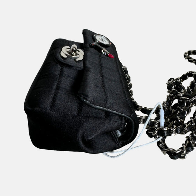 Chanel Extra Mini Flap Bag Black Satin Choco Bar Lipstick Mirror Crossbody, 2005