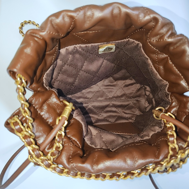 Chanel 22 Hobo Bag Mini Shiny Calfskin Leather Dark Chocolate Brown with Gold-tone Hardware
