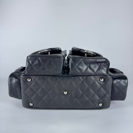 Chanel Cambon Multi-pocket Ligne Reporter Bag Medium Black Calfskin Leather White Logo
