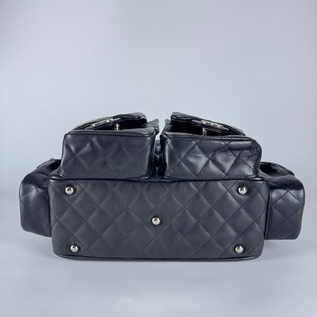 Chanel Cambon Multi-pocket Ligne Reporter Bag Medium Black Calfskin Leather White Logo