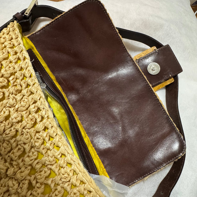 Fendi Baguette Raffia Straw Beige and Brown Leather Shoulder Bag