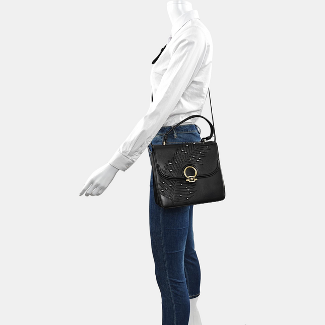 Versace Black Leather Applique Studded Flap Top Handle Crossbody Bag