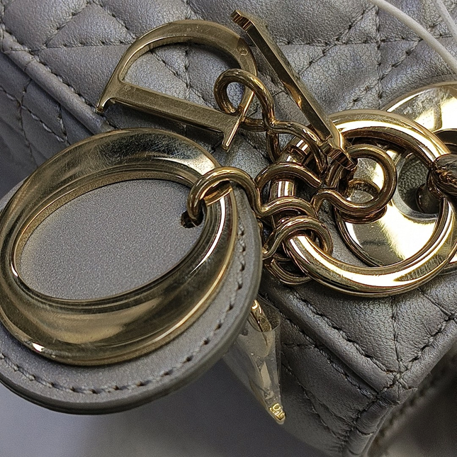 Lady Dior Mini Pearlescent Grey Cannage Lambskin Gold Hardware Chain Strap