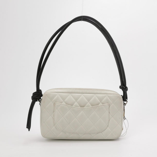 Chanel Cambon Clutch White Leather Snake Skin CC Logo Black Strap