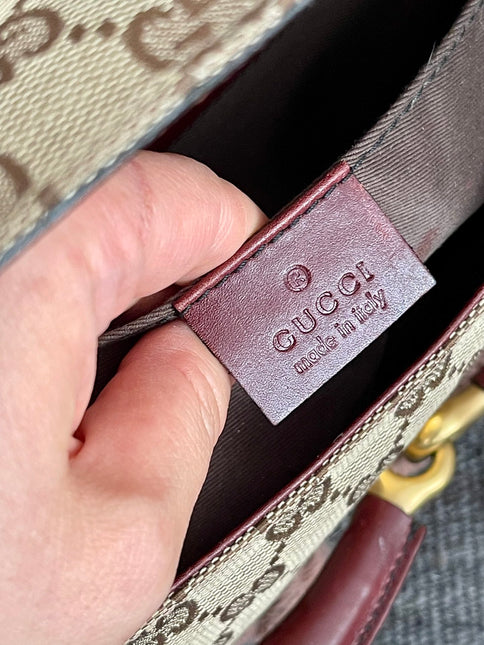Gucci Horsebit 1955 Large Cloth Beige Monogram Burgundy Leather Shoulder bag