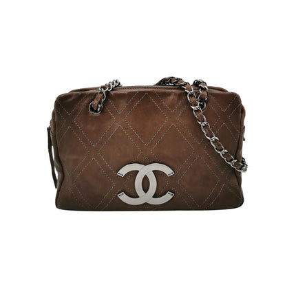 Chanel Brown Diamond Stitch Tote Calfskin Leather Zipper Bowler 2005-2006