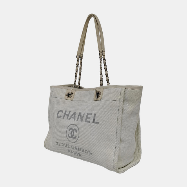 Chanel Deauville Tote Light Blue Denim Leather Trim Small 32cm