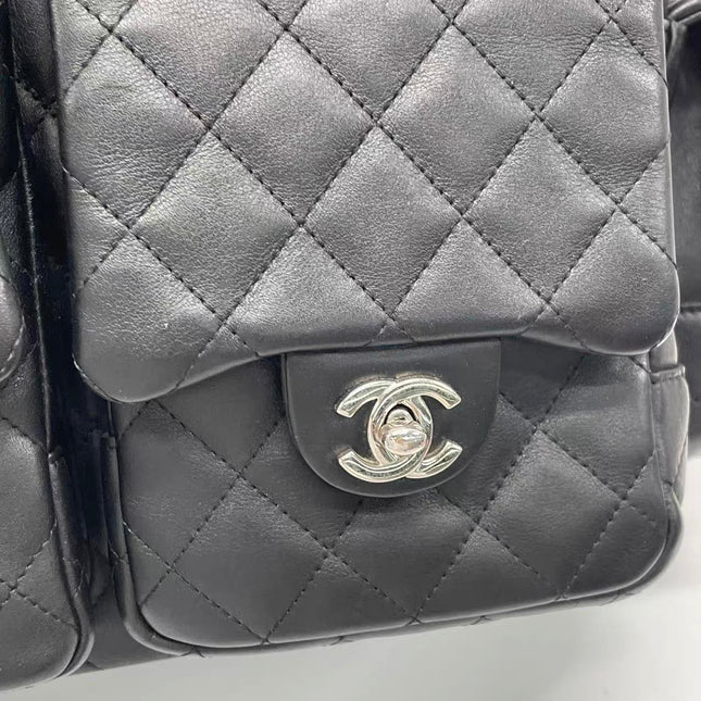 Chanel Cambon Multi-pocket Ligne Reporter Bag Large Black Calfskin Leather White Logo