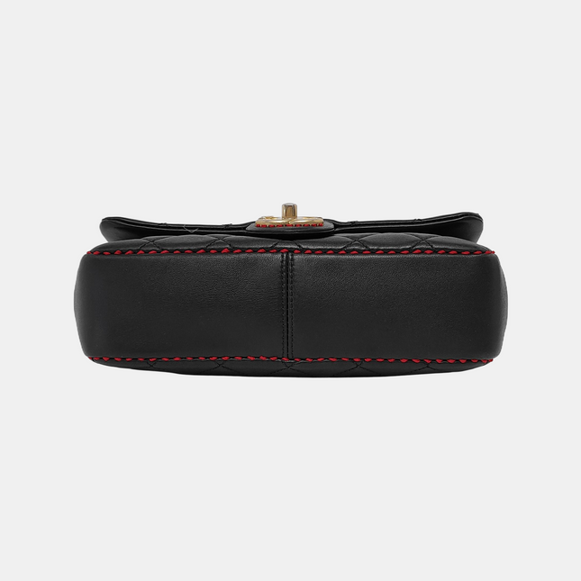 Chanel Black Lambskin Red Stitching Single Flap Double Chain Bag 2017