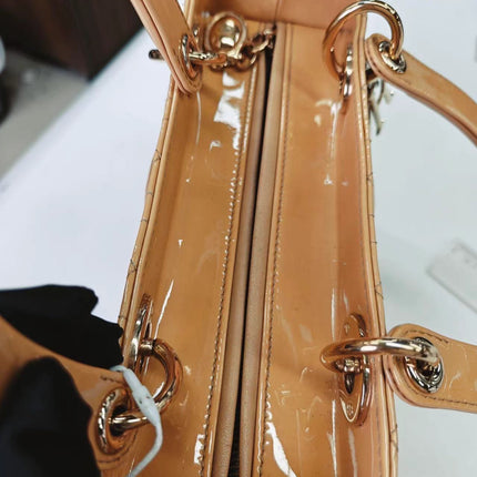 Lady Dior Medium Beige Patent Leather with Silver-tone Hardware
