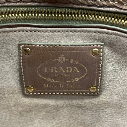 Prada Madras Brown Woven Leather Top Handle Shopping Tote Medium