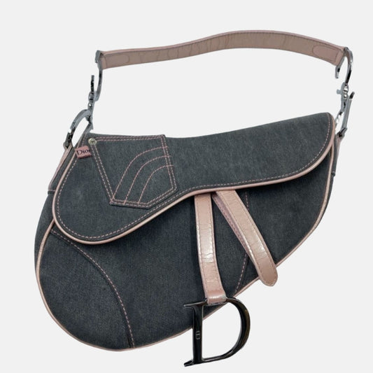 Dior Saddle Grey Denim with Pocket and Pink Leather Trim Shoulder Bag-Luxbags