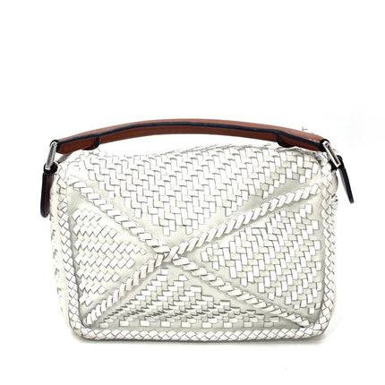 Loewe Puzzle Small Leather Woven Braided White Crossbody Bag