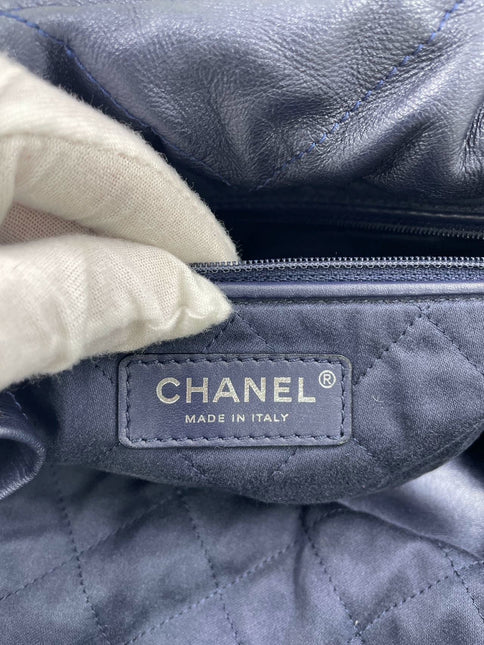 Chanel 22 Hobo Bag Medium Shiny Calfskin Leather Metallic Navy