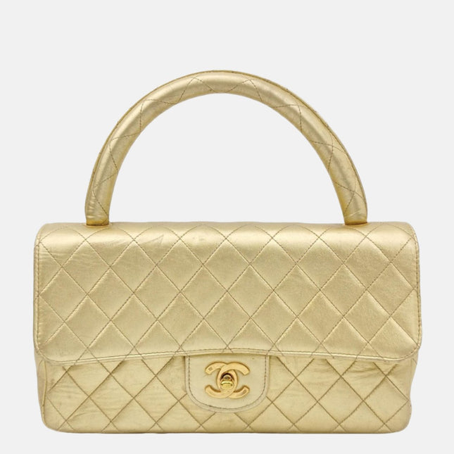 Chanel 1994 Classic Flap Kelly Top Handle Bag Medium Metallic Gold Lambskin Leather-Luxbags