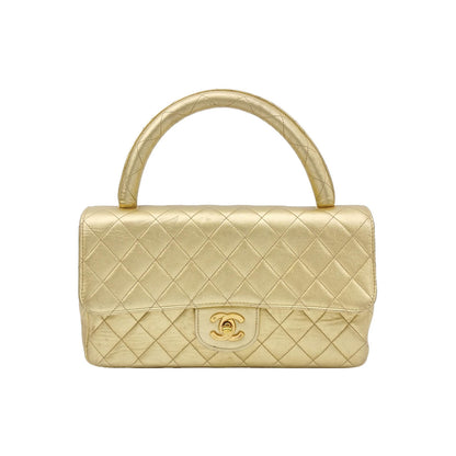 Chanel 1994 Classic Flap Kelly Top Handle Bag Medium Metallic Gold Lambskin Leather-Luxbags