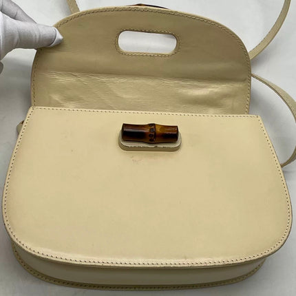 Gucci Bamboo 1947 Vintage Small White Box Leather Top Handle and Leather Strap Bag